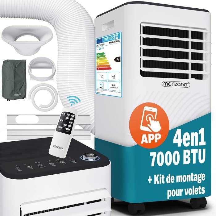 Climatiseur mobile MONZANA® MZKA2000 Tuyau d'évacuation 7000 BTU 4in1 750W 24h Timer Déshumidificateur Kit volet roulant