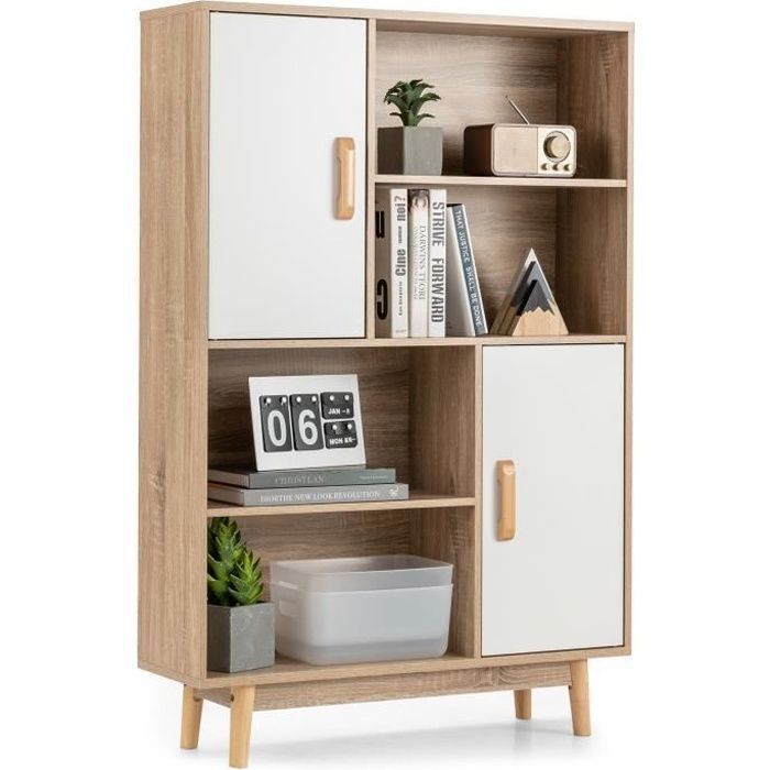 Librería COSTWAY de 4 niveles, 80 x 24 x 120 cm, mueble de almacenamiento con puertas, estantes y dispositivo antivuelco, color blanco.