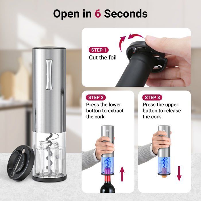 Sacacorchos eléctrico con abridor de botellas recargable, aireador de vino automático, cortador de cápsulas, tapón de vacío y cable USB.