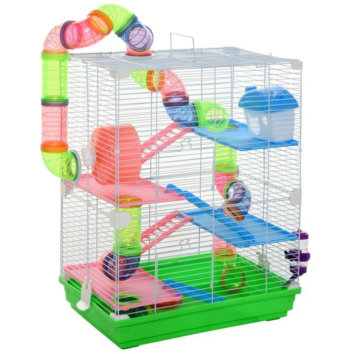 PawHut Hamster Cage - Gerbil 5-Story Secure Habitat with Tunnels, Wheel, House, and Ladders - Metal - 46x30x58cm - Green
