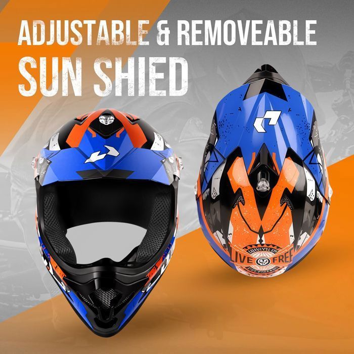 Casque Moto Integral VTT Casque Moto Cross pour Casque Intégral Tout-Terrain Four Seasons avec Lunettes Et Gants, Bleu-noir M