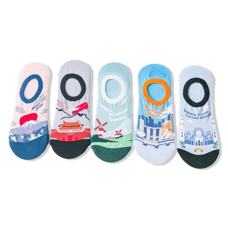Chaussettes invisibles en coton pour hommes, imprimé attractions du monde et pays, chaussettes fines d'été style bateau, chaussettes fantaisie pour femmes, mode décontractée unisexe