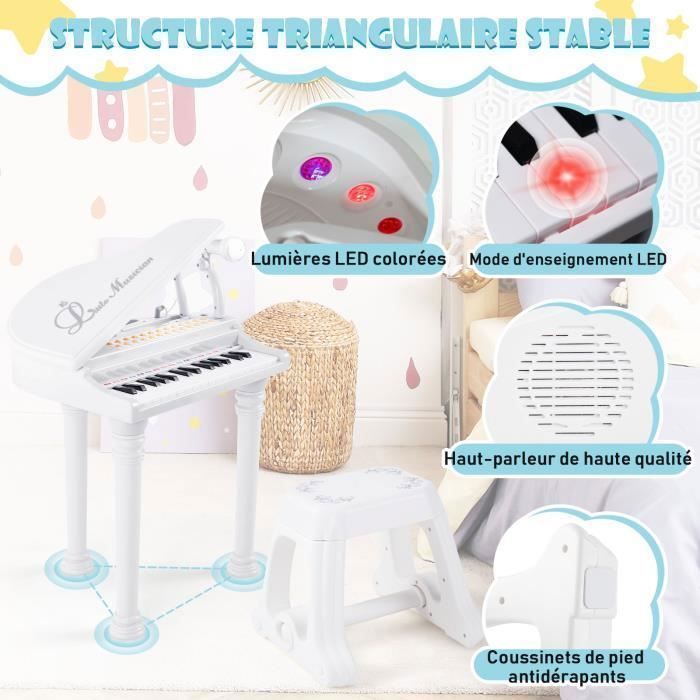 Piano infantil COSTWAY de 31 teclas con taburete, micrófono, 3 modos de enseñanza, luz LED, reproductor de MP3, 4 estilos musicales, 22 canciones, blanco.