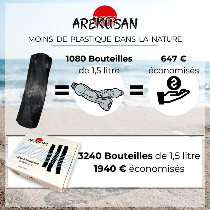Arekusan Kishu Binchotan 3 Gros Charbon actif purificateur grand volume eau authentique de Wakayama au Japon Filtre l'eau du robinet
