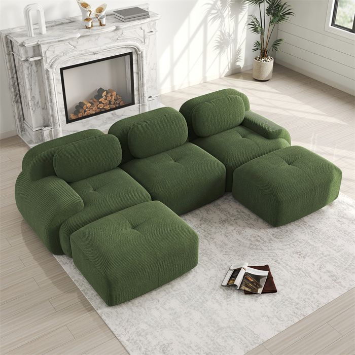 DRIPEX Canapé 3 places d'angle modulable-en Velours côtelé - avec 3 oreillers et 2 pouf - 298x178x75cm - Vert