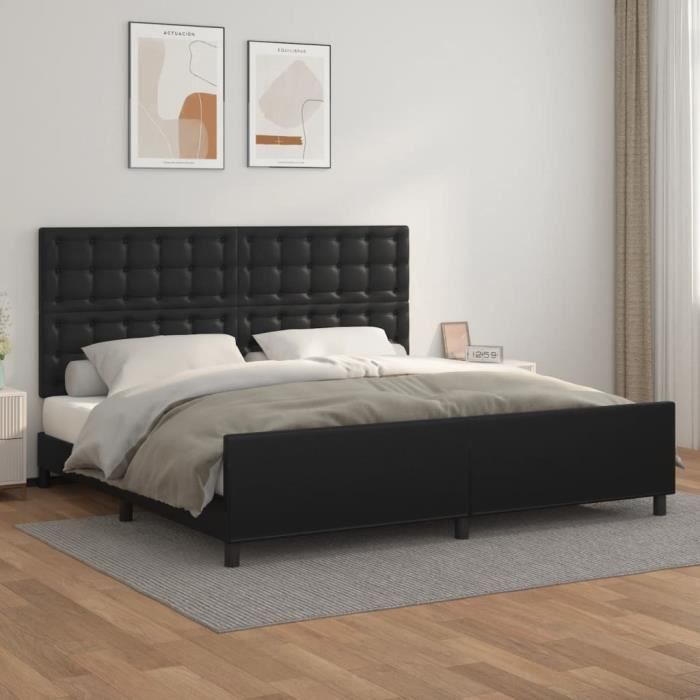 Elegante estructura de cama para adultos de 200 x 200 cm con cabecero, color negro, piel sintética, 51,4 kg.