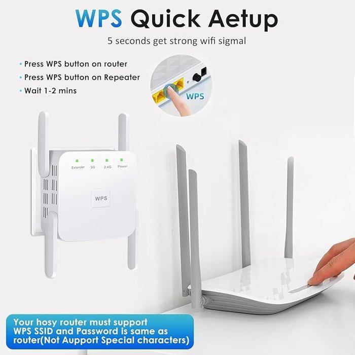Ripetitore WiFi da 1200 Mbps – Amplificatore dual band 2,4/5 GHz con porta Ethernet, facile installazione, ripetitore di segnale compatibile