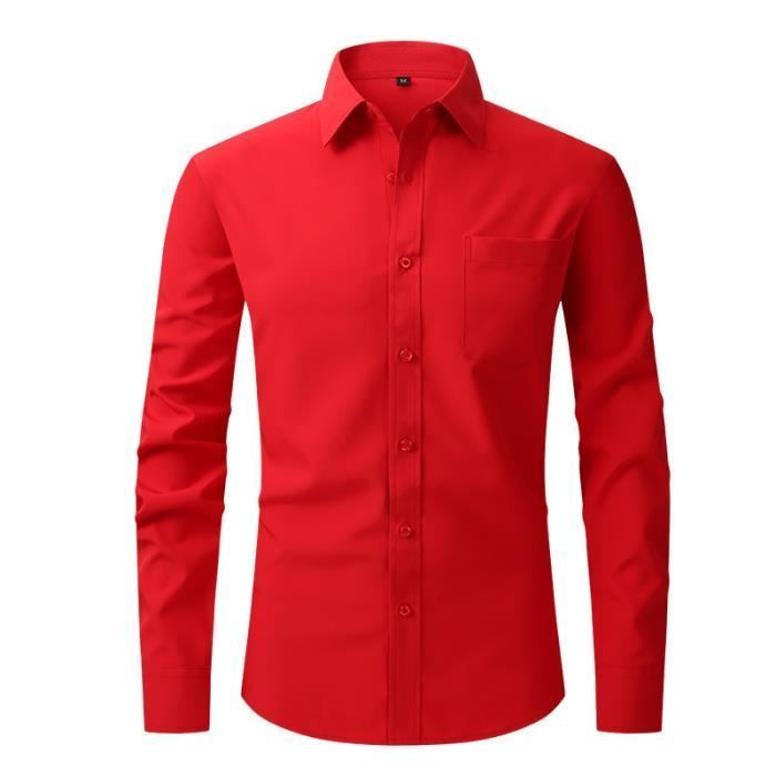Camisa de hombre de corte ajustado con cuello vuelto, manga larga, bolsillo en el pecho, color liso - Rojo