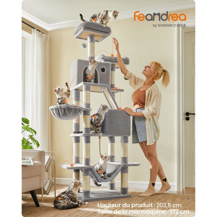 Árbol rascador para gatos, 203,5 cm de altura, con 13 postes rascadores, 2 plataformas, 2 cuevas, árbol rascador multinivel para interiores, gris claro.
