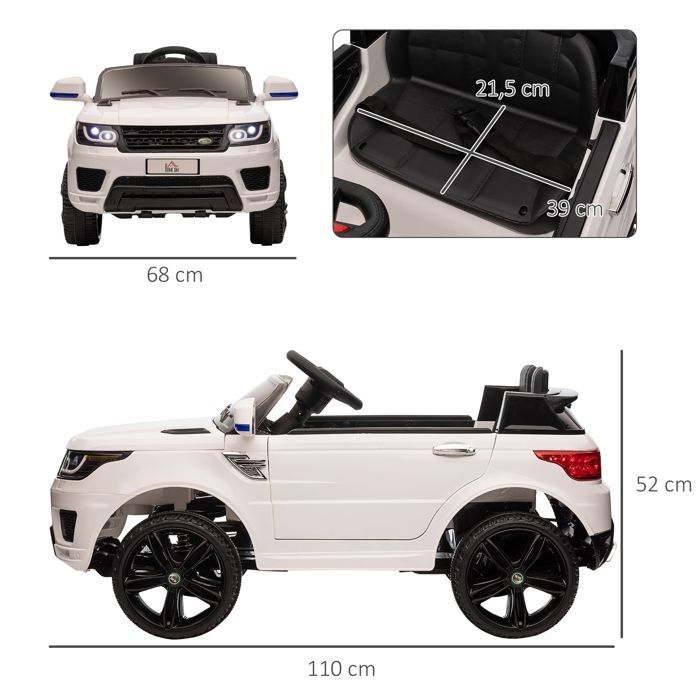 Coche eléctrico infantil HOMCOM, vehículo eléctrico de 12 V, doble motor, de 3 a 5 km/h, blanco.