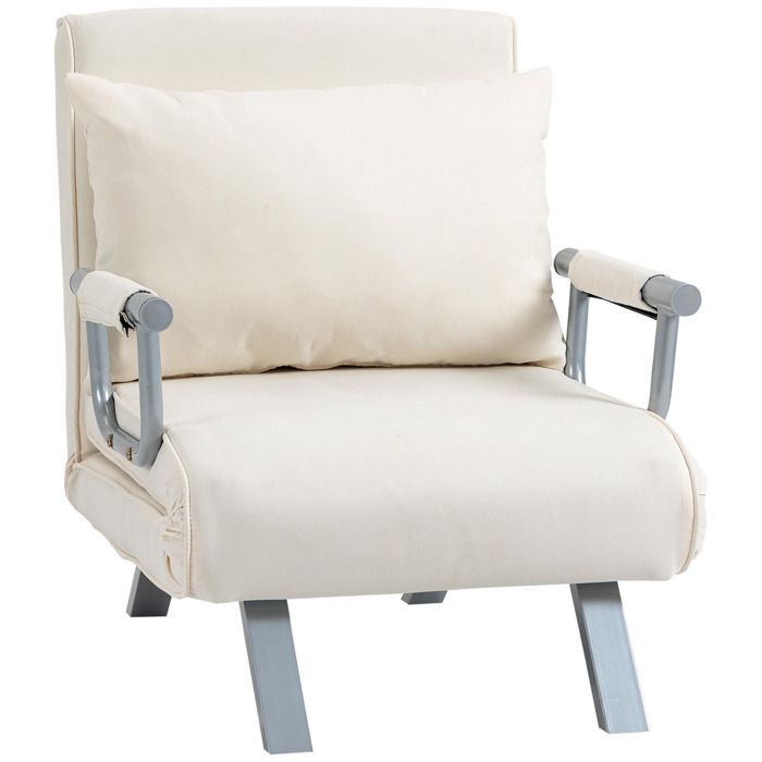 Sillón/sofá cama convertible - HOMCOM - 1 plaza con funda, cojín, patas y reposabrazos extraíbles - metal y ante - blanco