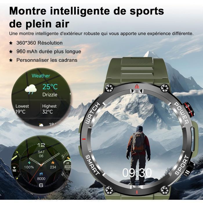 Blackview heren smartwatch 1,45 inch met Bluetooth, bellen, meer dan 100 sportfuncties, IP68 waterbestendigheid, SpO2-meting, slaapregistratie, compatibel met iOS en Android, legergroen