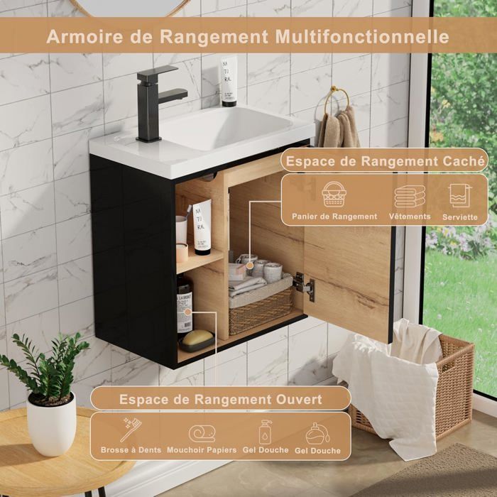 GOOBUY Móvel para Lavatório de 51cm, Móvel de Parede, Lavatório em Resina, Espaço de Armazenamento Oculto/Aberto, Padrão de Linhas, Preto