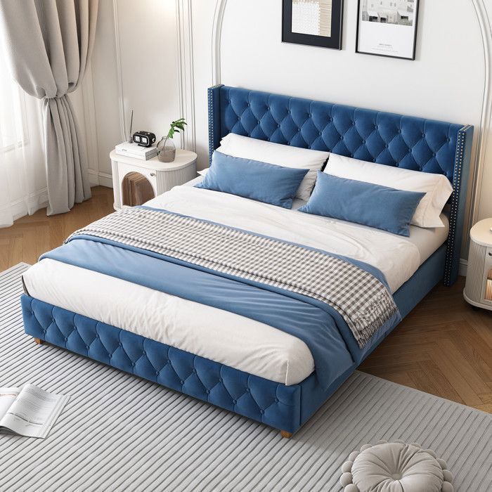 Cama doble para adultos - TKOPY - Cama tapizada de 160x200 cm, con somier de láminas, terciopelo azul.