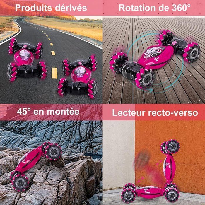 Coche teledirigido todoterreno, 2,4 GHz, coche acrobático RC giratorio de 360°, juguete para niños de 6 a 12 años, coche teledirigido controlado por gestos, rosa.