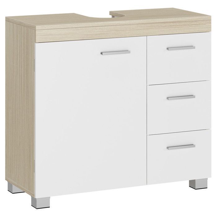 Mobile bagno con 3 cassetti laterali e 2 vani dietro l'anta, per lavabi a colonna, 30 x 70 x 64 cm, bianco e beige.