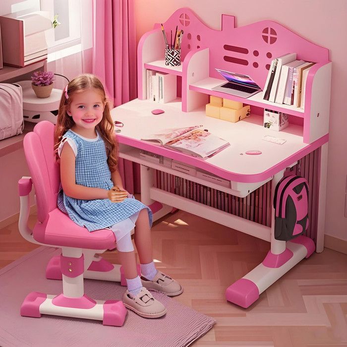 Escritorio y silla de estudio infantil – FIANAO – Altura regulable, escritorio de 105 × 72,5 cm, silla ergonómica, almacenamiento deslizante – Rosa