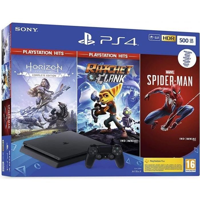 Consola de salón - Sony - PS4 Slim - 500 GB - Negra - Horizon Zero Dawn - Spider-Man - Ratchet & Clank