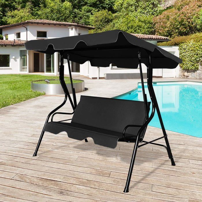 Columpio de jardín GOPLUS de 3 plazas, 170x110x153 cm, con toldo ajustable, tejido de poliéster/estructura de acero, negro.