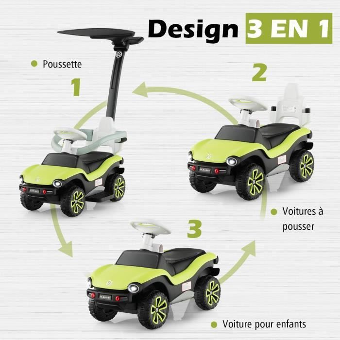 Volkswagen 3 en 1 Voiture à Pousser Enfant Porteur Bébé avec Poignée Réglable, Musique, Klaxon, Auvent, Garde-corps de