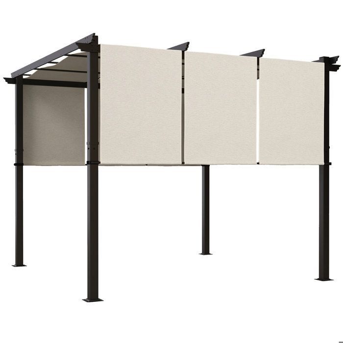 Pérgola Outsunny con 3 toldos corredizos - 3 x 3 x 2,38 m - estructura de acero negro, tejido de poliéster de alta densidad - beige