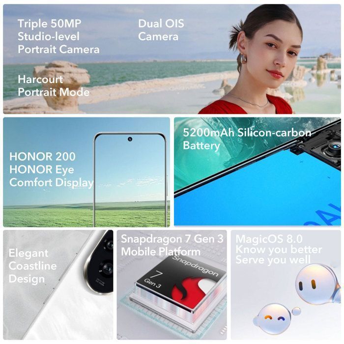 Smartphone HONOR 200 5G 12Go 256Go Noir Écran 6.7” AMOLED 5200mAh Charge rapide 100W