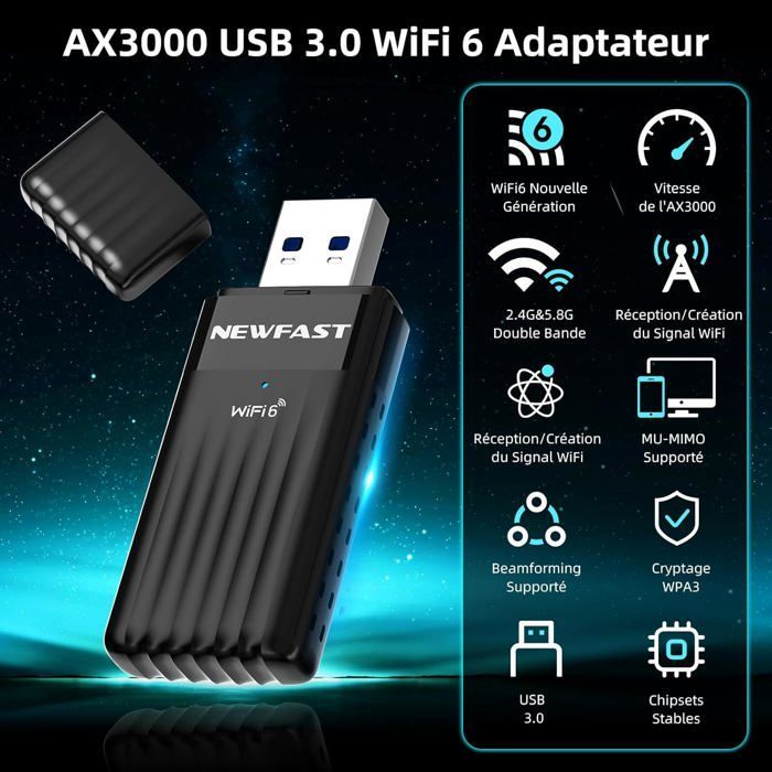Clé WiFi (adaptateur USB) - 1001 PILES BATTERIES - AX3000 - WiFi 6 (802.11ax) - Bi‑bande 2,4/5 GHz - USB 3.0, MU‑MIMO