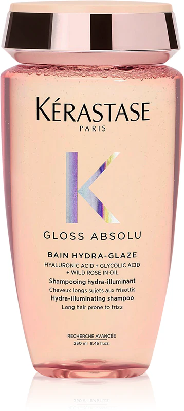 Shampoo Kérastase Gloss Absolu Bain Hydra-Glaze para cabelos brilhantes e macios.