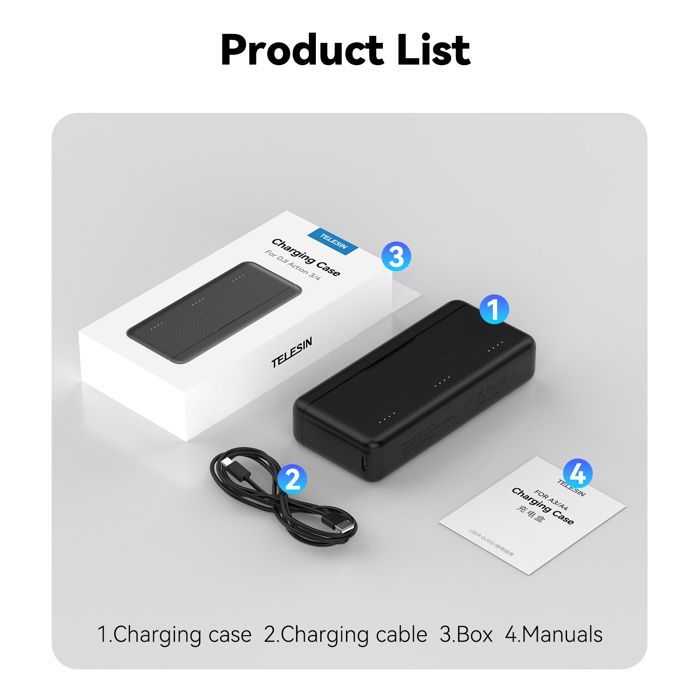 Cargador de baterías para DJI Action 5 Pro/4/3, carga 2 baterías, con cable de datos de 1 m, estuche de carga para Action 5/4/3.