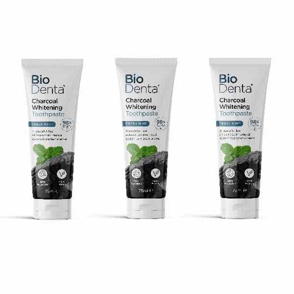 Pasta dental blanqueadora natural BioDenta con carbón vegetal, vegana, paquete de 3.