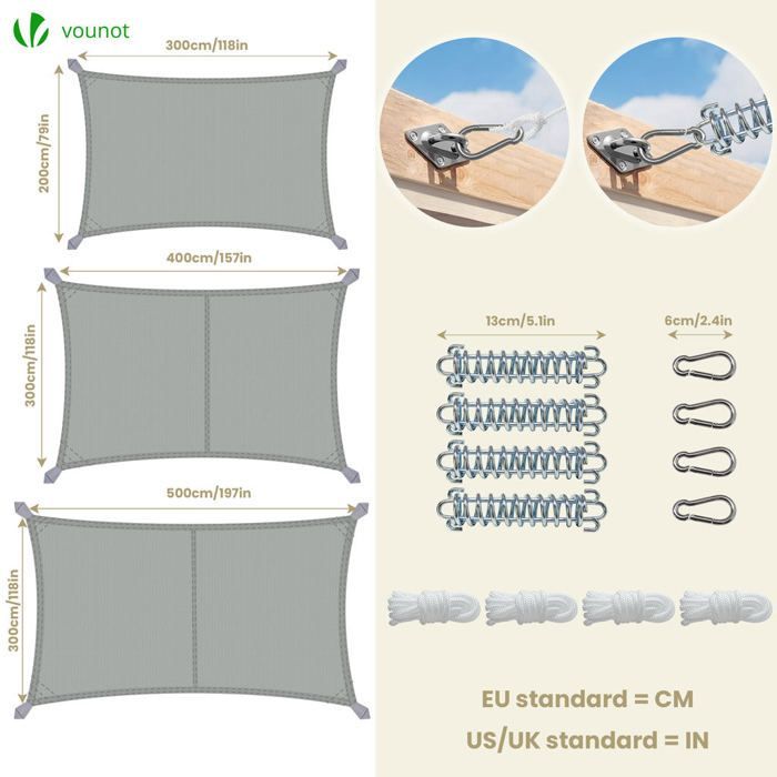 Vela de sombra rectangular impermeable de poliéster VOUNOT® con kit de montaje, 3x2 m, color gris.