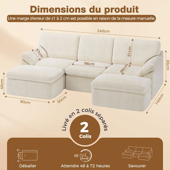 Canapé d'angle Convertible 5 pcs, Tissu velours polaire beige, Canapé avec 5 Oreillers et 2 repose-pieds, 240 x 140 x 65 cm