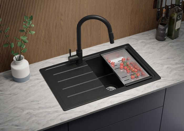 Primagran Copenhagen Easy 70x44cm granieten keukenwastafel, enkele kom + afvoerset + kraan 5010 zwart