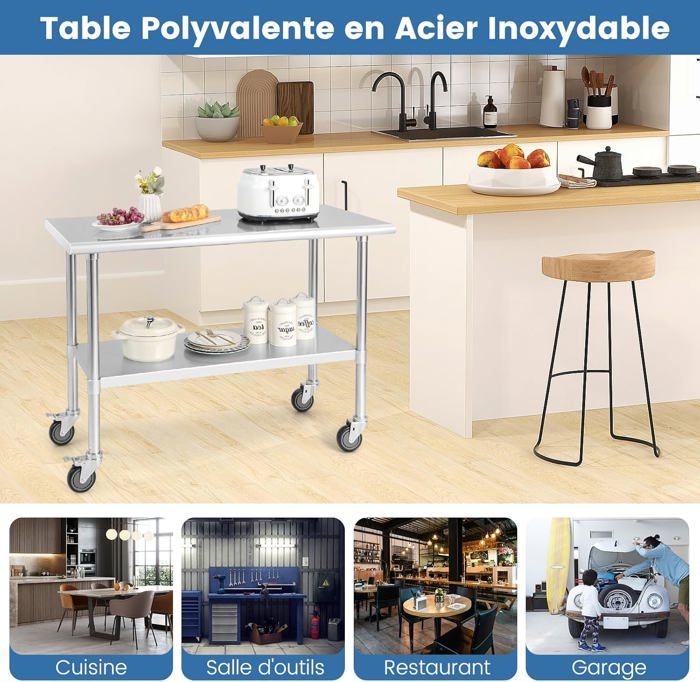 Mesa de cocina COSTWAY de acero inoxidable con ruedas con bloqueo, 122 x 61 x 90 cm, estantes inferiores ajustables y encimera.