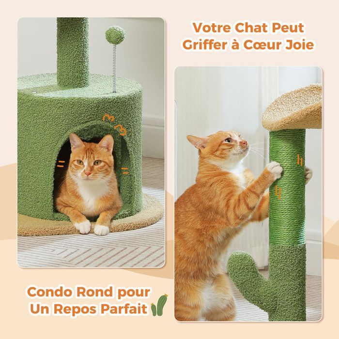 Albero per gatti PAWZ Road Cactus, con pompon in peluche, palo tiragraffi in sisal e cuscino rimovibile, 84 cm, verde.