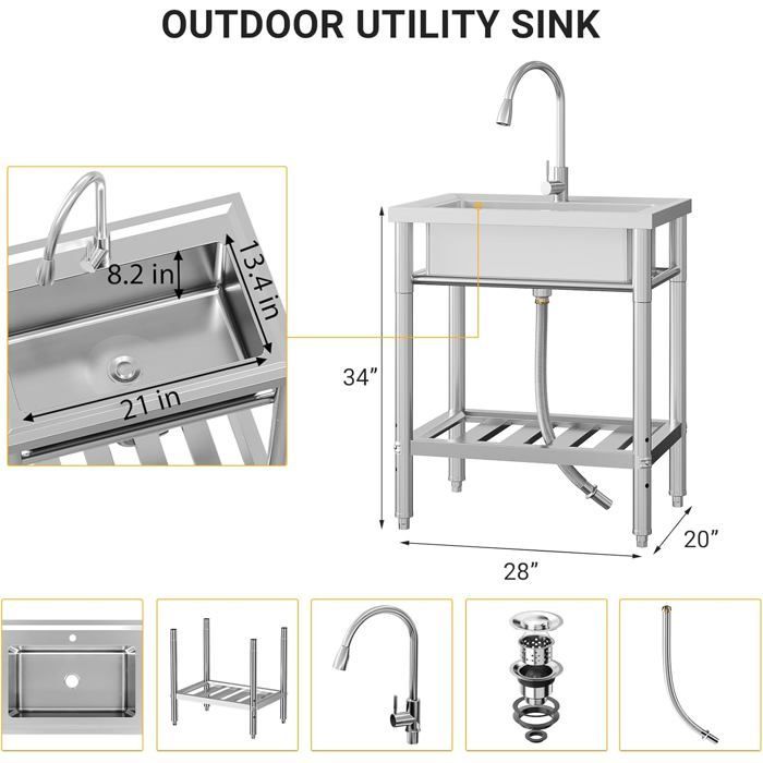 Évier Cuisine 1 Bac avec Établi Acier Inoxydable sur Pied, Cuve avec Chaud/Froid Robinet, Égouttoir pour Cuisine 72 * 51 * 87 cm