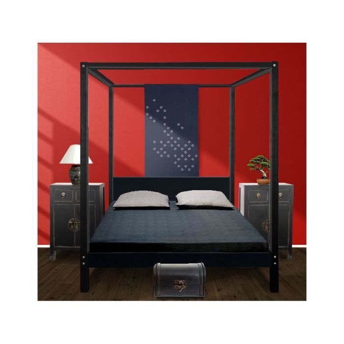 Lit baldaquin deux personnes en pin massif ROMAN - Noir - 140x190cm
