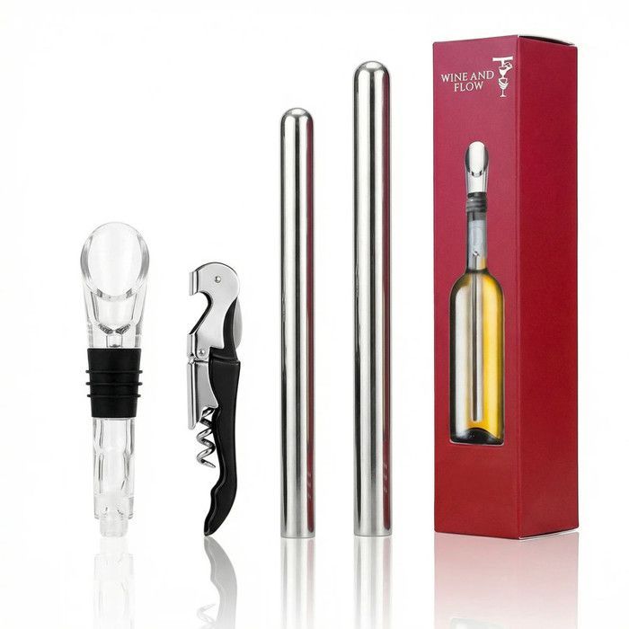 Wine and Flow 5-in-1 wijnfleskoelset – 2 roestvrijstalen koelstaven met schenktuit, stop en wijnaccessoire
