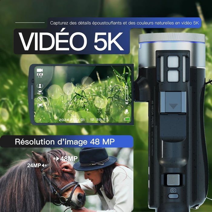 Videocamera 5K 48MP F1.8 WiFi - Schermo inclinabile a 270° e zoom 16x