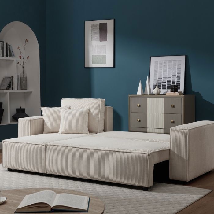 ELA 3-zits hoekbank in beige corduroy, comfortabel, omvormbaar, modern en gezellig