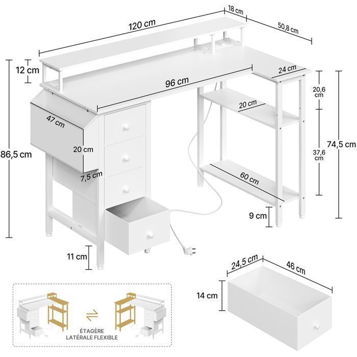 Bureau Gamer en L Réversible 120 cm, Support d'écran, 4 Tiroirs et Prises USB, en Bois pour Travail et Gaming, Blanc YAHEETECH