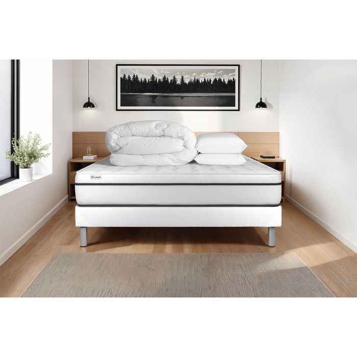 Pack lit complet 180x200 cm - Matelas + Sommier Blanc (en kit) + 2 oreillers + Couette - Vital Spa Blanc