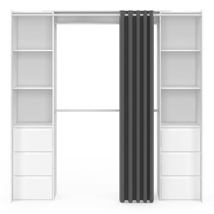 IDMARKET Dressing extensible double MERYL 120/180 cm blanc avec 6 tiroirs + étagères + double penderie + rideau gris