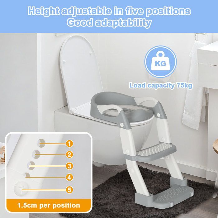 Cecaylie 2-in-1 Child Toilet Seat with Folding Step Stool, Cushions and Handles, Height Adjustable, Urinal, Toilet Reducer