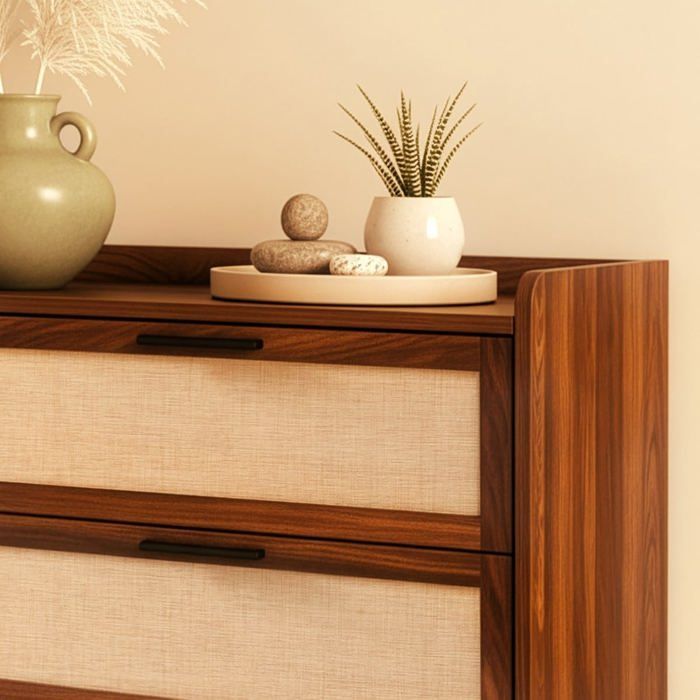CALICOSY - Commode 6 Tiroirs décor noyer avec façades en tissu L120 cm - JETSON - Bois foncé