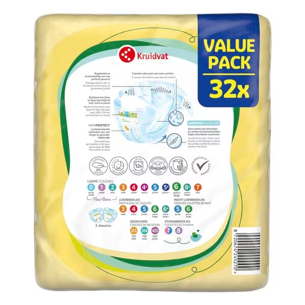 „Kruidvat“ 6 dydžio ypač didelių sauskelnių rinkinys, ekonominė pakuotė<br>6 dydis (15–20 kg), 32 vnt.