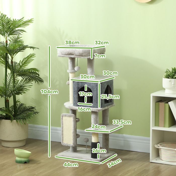 Arbre à chat - PawHut - hauteur 104 cm - avec tapis griffoir, lit maison pour chat, brosse de toilettage, plateformes - gris clair