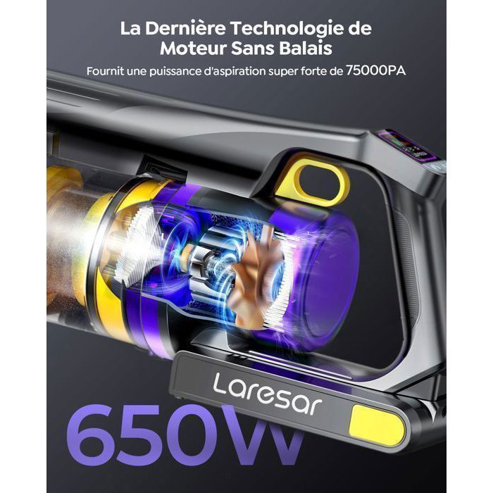 Aspirapolvere senza fili - 75000 Pa - Autonomia 60 minuti - Spazzola con LED verde - 2 litri - Motore senza spazzole
