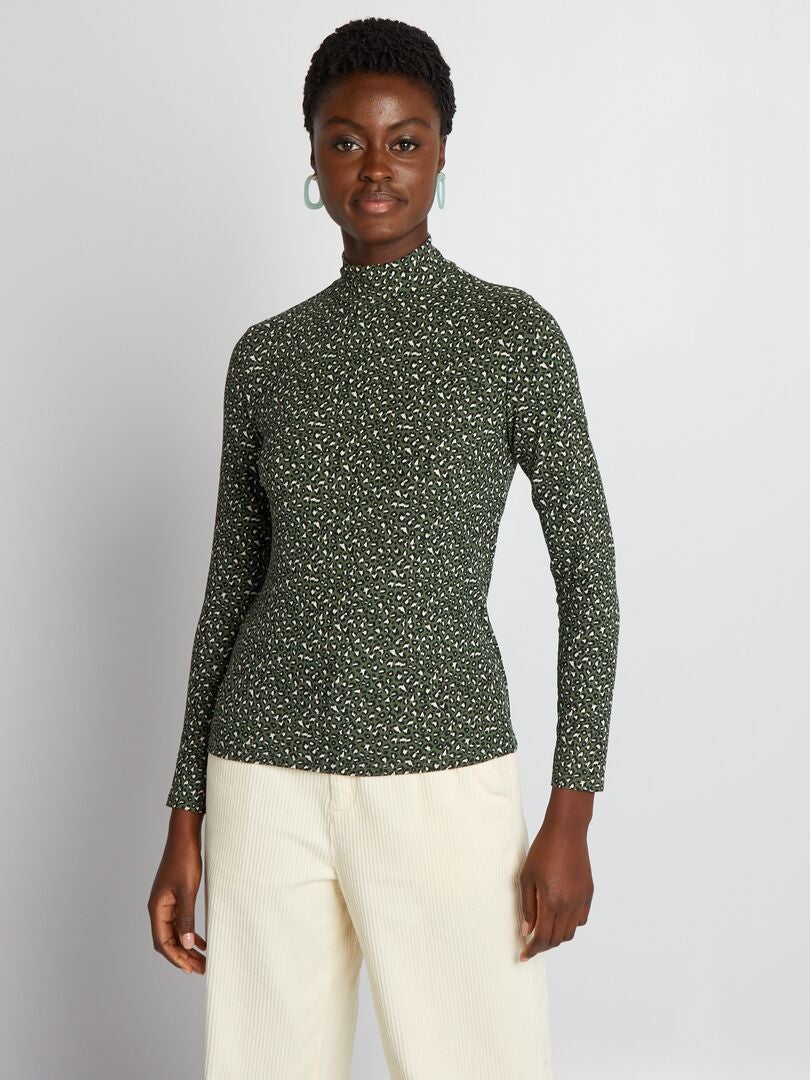 Jersey de cuello alto acanalado con estampado de leopardo - CAQUI