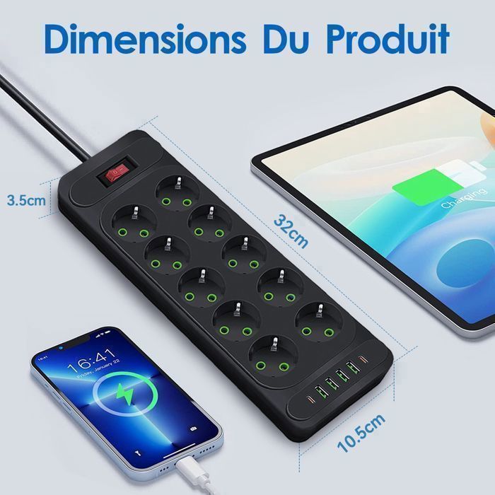 Steckdosenleiste mit Schalter, 10 Steckdosen, 2500 W, mit 2 USB-C-Anschlüssen, 4 USB-A-Anschlüssen, 2 m Kabel, für Zuhause und Büro